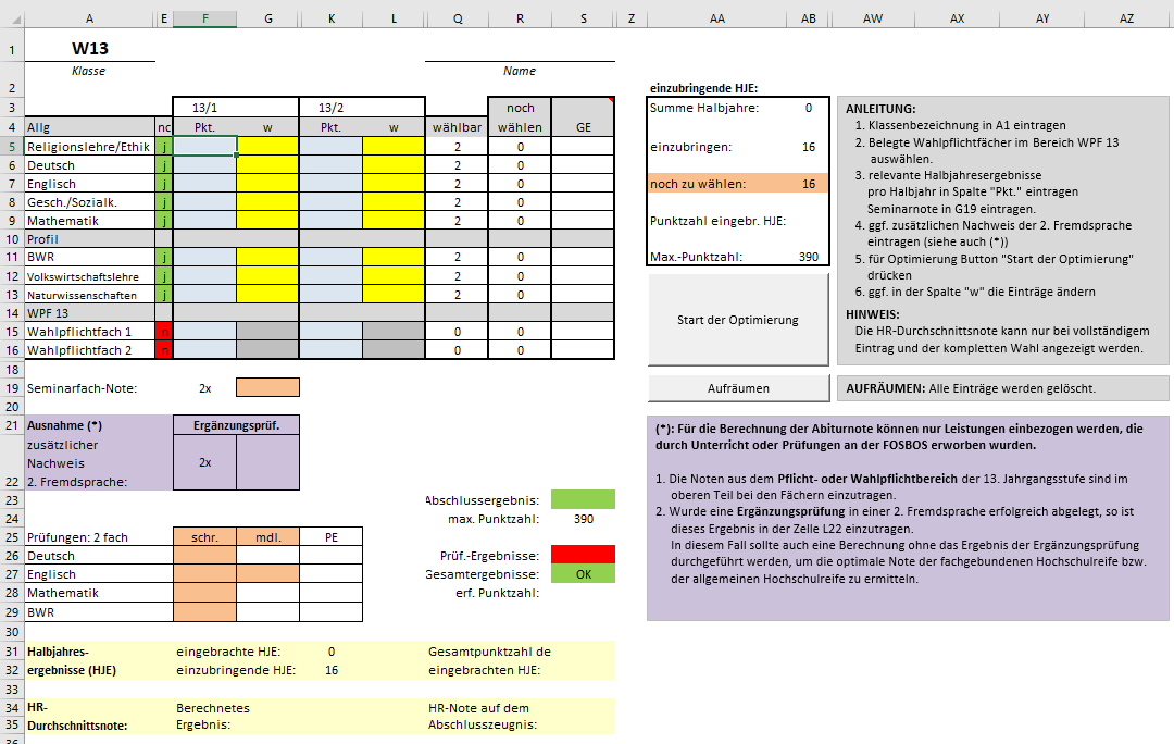 Notenberechnung Excel-Tool